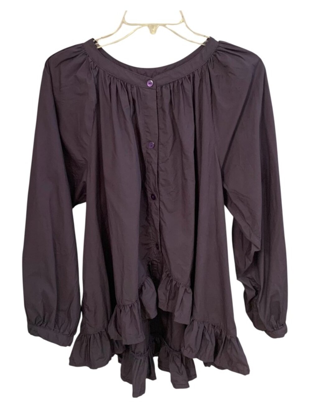 PIYAMA Eggplant Purple Collarless Hi-Low Ruffle Hem Cotton Lounge Top Size Small